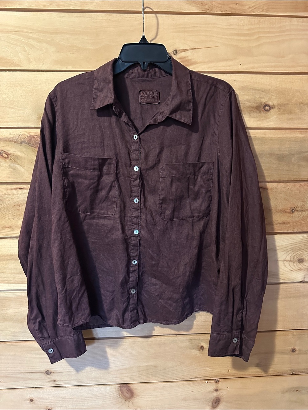 Sigrid Olsen Button Down Shirt Brown 100% Linen Long Sleeve Collared